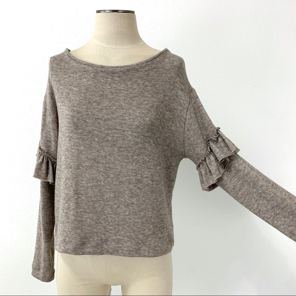 Zara- Heather Brown Ruffle Sleeve Sweater Small - Picture 3 of 7